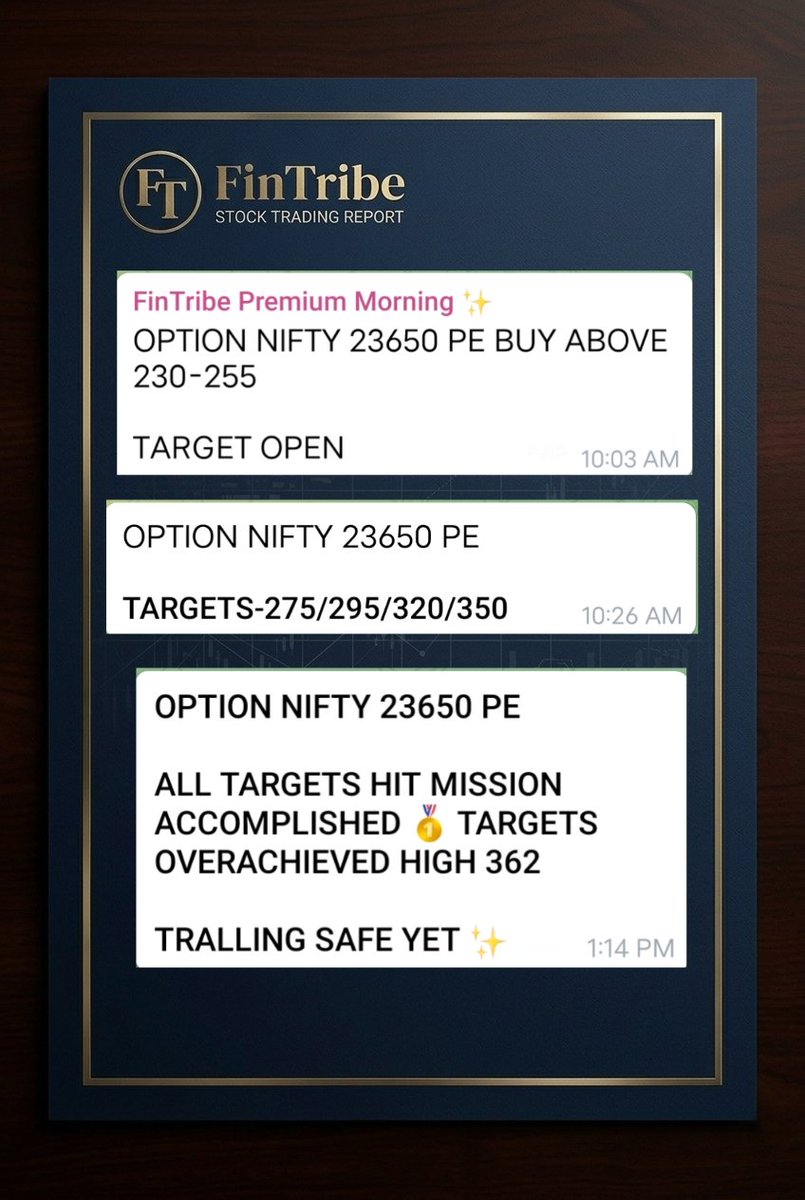Fintribe_'s tweet photo. 𝗠𝗜𝗦𝗦𝗜𝗢𝗡 𝗔𝗖𝗖𝗢𝗠𝗣𝗟𝗜𝗦𝗛𝗘𝗗. 𝗧𝗔𝗥𝗚𝗘𝗧𝗦 𝗢𝗩𝗘𝗥𝗔𝗖𝗛𝗜𝗘𝗩𝗘𝗗. 🥇

While 99% of retail traders were getting trapped in today's #Nifty Expiry volatility, the #FinTribe Alpha Desk executed pure Quant Order Flow. We don't gamble. We hunt.  

#𝗡𝗜𝗙𝗧𝗬 𝟮𝟯𝟲𝟱𝟬 𝗣𝗘
✔️ 𝗘𝗻𝘁𝗿𝘆 𝗭𝗼𝗻𝗲: 230-255
✔️ 𝗛𝗶𝗴𝗵 𝗠𝗮𝗱𝗲: 396  (150+ Points Captured)

If you missed this massive structural move, you are trading blind with lagging retail indicators. The market is engineered. It's time to track the institutions.