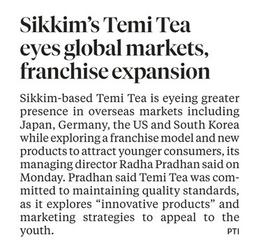 PIBDoNER's tweet photo. 🍃 Sikkim’s iconic Temi Tea is brewing new possibilities! ☕🌏
Sikkim-based Temi Tea is exploring greater presence in global markets, including Japan, Germany, the US and South Korea.
Courtesy: Business Standard
#Sikkim #TemiTea #Tea #NortheastIndia #GlobalMarkets #PIB_MDoNER https://t.co/LJI64UvMpY