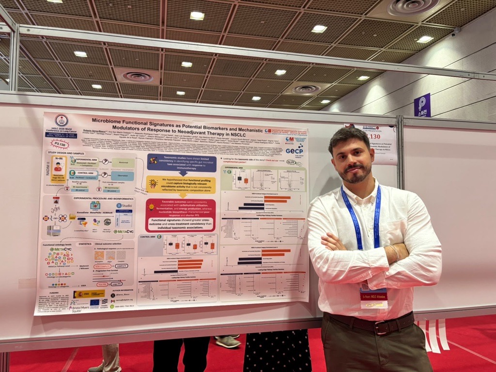 gecp_org's tweet photo. 🔬 @Serna_Blasco, investigador del @HospiPtaHierro   de Madrid, presenta en #WCLC2026 un nuevo póster del #GECP:

➡️ Microbiome Functional Signatures as Potential Biomarkers and Mechanistic Modulators of Response to Neoadjuvant Therapy in NSCLC

⭕El estudio analiza diferentes firmas funcionales del microbioma y su potencial como biomarcadores

#WCLC26 #NSCLC