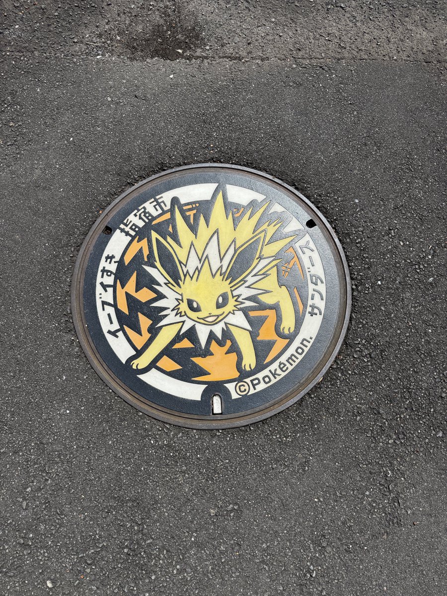Qvb45X's tweet photo. 今日は外回りしてた時に、こんなマンホール見つけたよ！
この辺りにたくさんイーブイシリーズ(？)のマンホールあるらしいから次来た時また別の探すね！
(サボってないで働いてください)
(さっき誤字ってたから再送)

@ozawa_aimi__ https://t.co/mJXAHDjyli