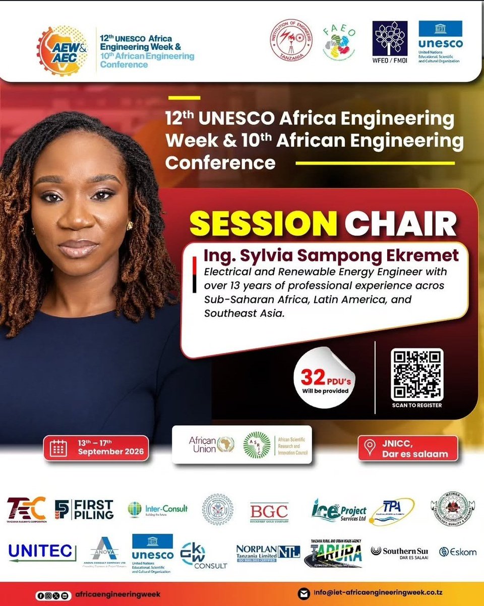 Official_GhIE's tweet photo. Ing Sylvia Sampong Ekremet, a GhIE member and WinE Executive, is serving as a Session Chair at the 12th UNESCO Africa Engineering Week & 10th African Engineering Conference in Dar es Salaam.
Ghanaian engineering expertise on an African platform.
#GhIE #AfricanEngineering #AEW https://t.co/mhLHZ3pwqI