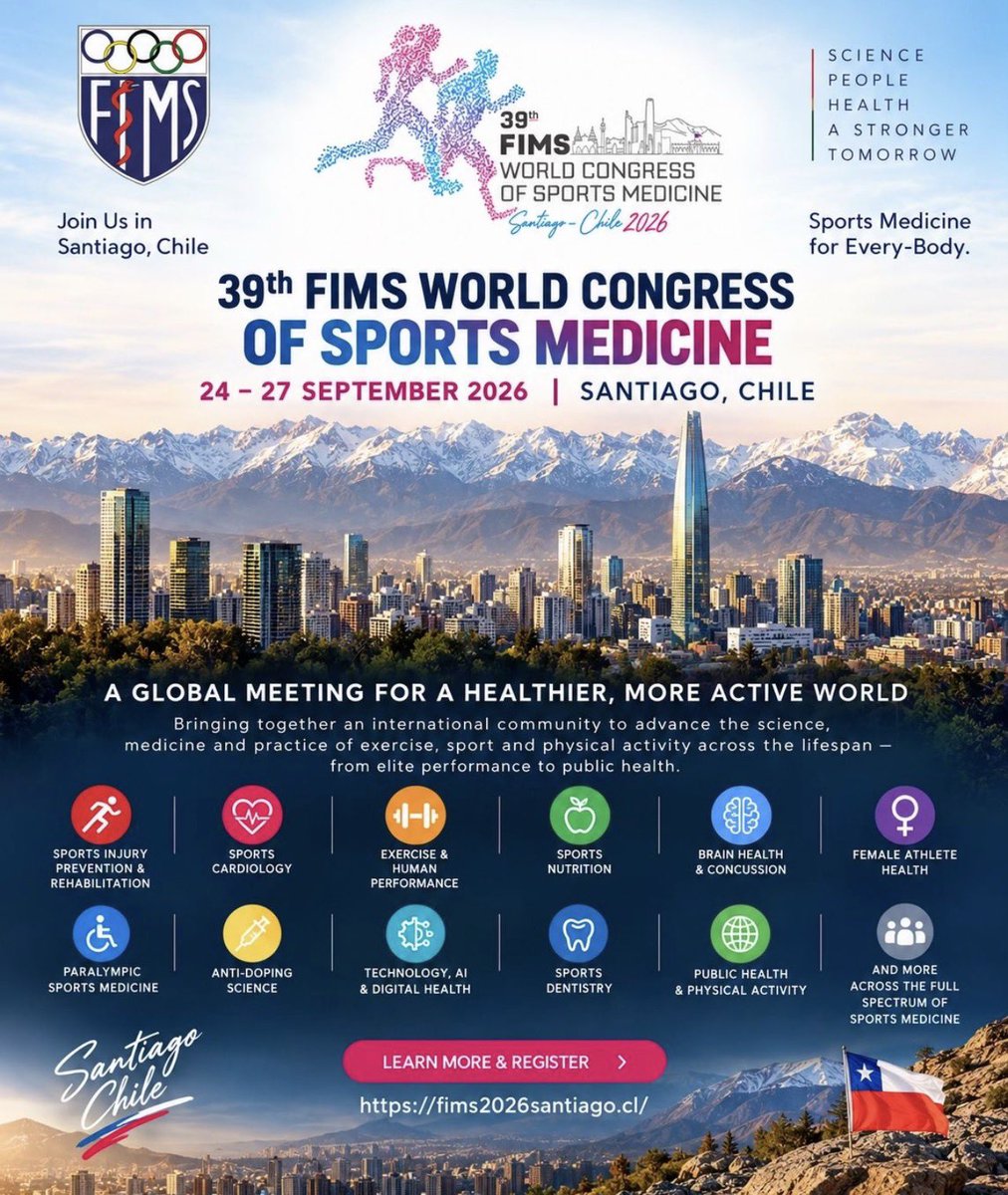 FimsOrg's tweet photo. #FIMS2026 #FIMS #SportsMedicine #ExerciseMedicine #SportsScience
#GlobalHealth #AthleteHealth
#HumanPerformance #AntiDoping #WADA
#ExerciselsMedicine #Santiago2026

Looking forward to seeing you soon ! https://t.co/HTSRikxq9C