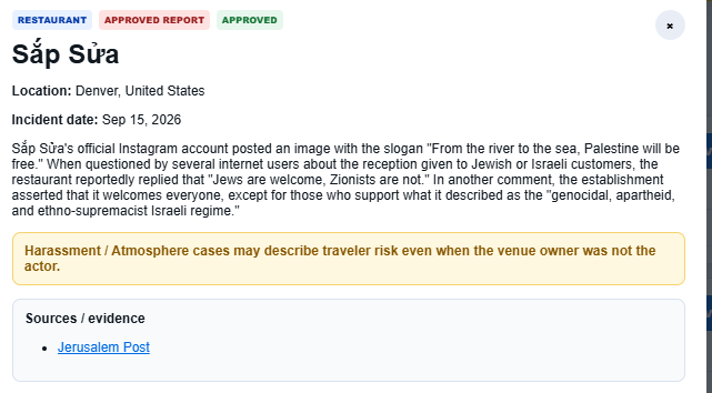 JookingRadar's tweet photo. Jooked 🪳!

📍 Sắp Sửa
🌍 Denver, Colorado
This case has now been added to Jooking.

Thanks @Jerusalem_Post  for flagging it.

🔎 Check before you book or visit:
https://t.co/vpb8cDptZd

@HenMazzig @IsraelenFrance @antisemitism https://t.co/34cxcKutZH