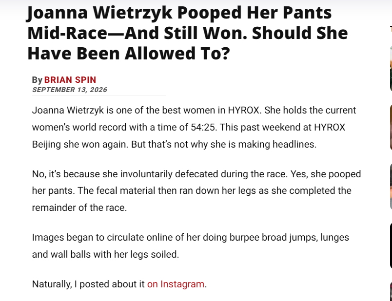 wallstreetdev67's tweet photo. MOST VIRAL THING ON THE INTERNET EVERYONE IS TALKING ABOUT RN

A Hyrox athlete "Joanna Wietrzyk" literally shits herself mid race and finishes the race with shit all over herself

It's all over NEWS outlets, TikTok, X, Instagram, just the quoted tweet alone has 20M VIEWS in just a day. She's literally become a MEME.

NEWS: https://t.co/iQPpM7OyaQ

TikTok:
https://t.co/2jY0enuNf1