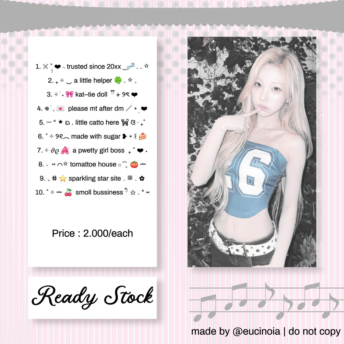 eucinoia's tweet photo. ₊ ⊹ please help rt juseyo, thanksie ⌣🍀 . ☆ 𓈒

Haii kak, akku punyaa wording short bio ready stock yg biisa langsung dijemput 🪄

Price 2.000/each ya 🫶🏻

🏷 #zonauang #bealanja https://t.co/0m2W22nVF9