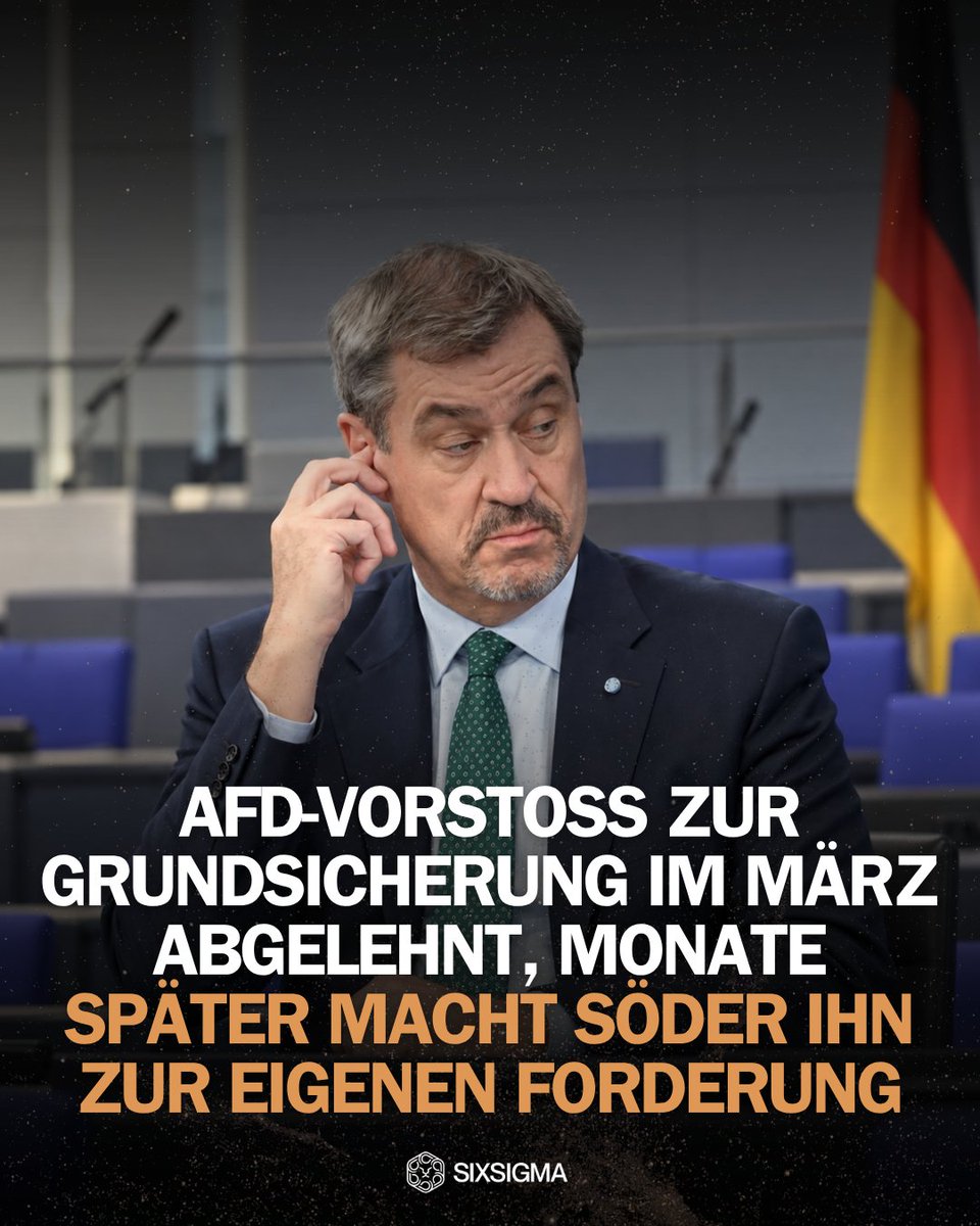 sixsigmasyn's tweet photo. Am 5. März 2026 lehnte der Bundestag den von der AfD eingebrachten Antrag „Bürgergeldleistungen stoppen bei Haftbefehlen“ ab. Dagegen stimmten CDU/CSU, SPD, Grüne und Linke. Markus Söders CSU gehört zur Unionsfraktion, die den Antrag verwarf. 

Angenommen wurde am selben Tag die Regierungsreform zur neuen Grundsicherung, ohne automatischen Leistungsausschluss bei Haftbefehl.
Am 13. September 2026 erklärte Söder entgegen seiner bisherigen Position öffentlich, wer per Haftbefehl gesucht werde, dürfe keinen Anspruch auf Grundsicherung haben, und das müsse sich sofort ändern.

Zwischen März und September hat sich die Rechtslage nicht geändert. Söder verlangt nun öffentlich, was seine Fraktion Monate zuvor abgelehnt hat. Wie sich diese plötzliche Ablehnung und die spätere Sofortforderung zueinander verhalten, bleibt eine offene Frage.