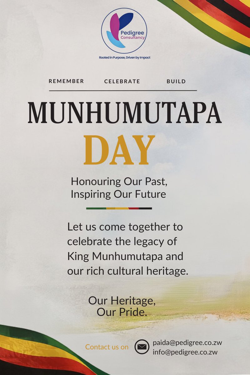 PedigreeEventss's tweet photo. Today we honor the legacy of King Munhumutapa and our rich cultural heritage. Let’s look to our past to inspire our future!
Our Heritage, Our Pride.
#MunhumutapaDay #Zimbabwe #PedigreeConsultancy https://t.co/Dgy3W1cvwY