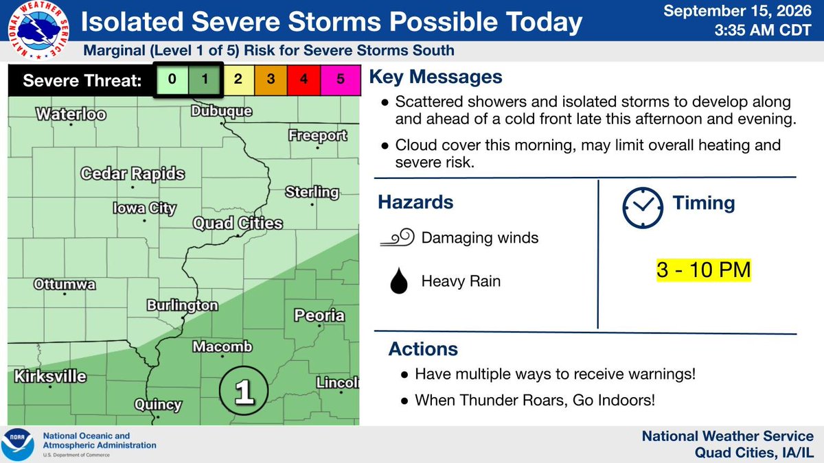 Graphic highlights a Marginal (level 1 of 5) risk for severe storms late this afternoon and evening along and south of Hwy 34. A few isolated severe storms possible with heavy rain and damaging wind the primary hazards.