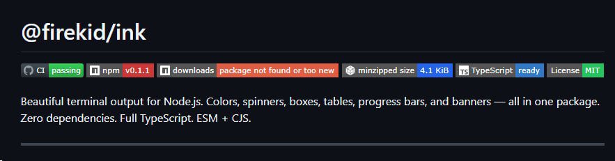 firekid_dev's tweet photo. Day 15 of uploading my projects, journey and works till I reach a million.

My npm package ink, that combines colors, spinners, boxes, tables, progress bar and banners into one instead of downloading different ones for one project, no extra dependency https://t.co/T7QdiwYdSq