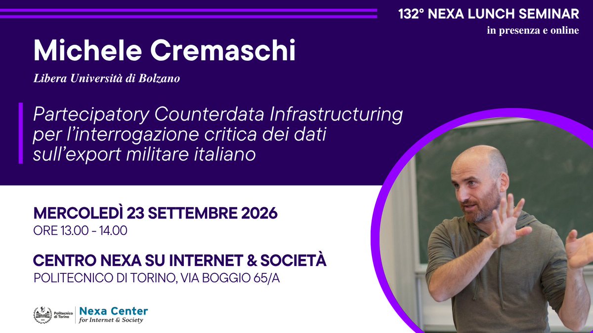 nexacenter's tweet photo. 🗓️ Mercoledì 23 settembre, ore 13.00
132° #nexalunchseminar "#Partecipatory #Counterdata #Infrastructuring per l’interrogazione critica dei #dati sull’#export #militare italiano"
👉 Con @micrem73 (Libera Università di Bolzano)
📍 Centro Nexa e online
ℹ️https://t.co/6ym3A6rbF6 https://t.co/fF1cJj1pjz