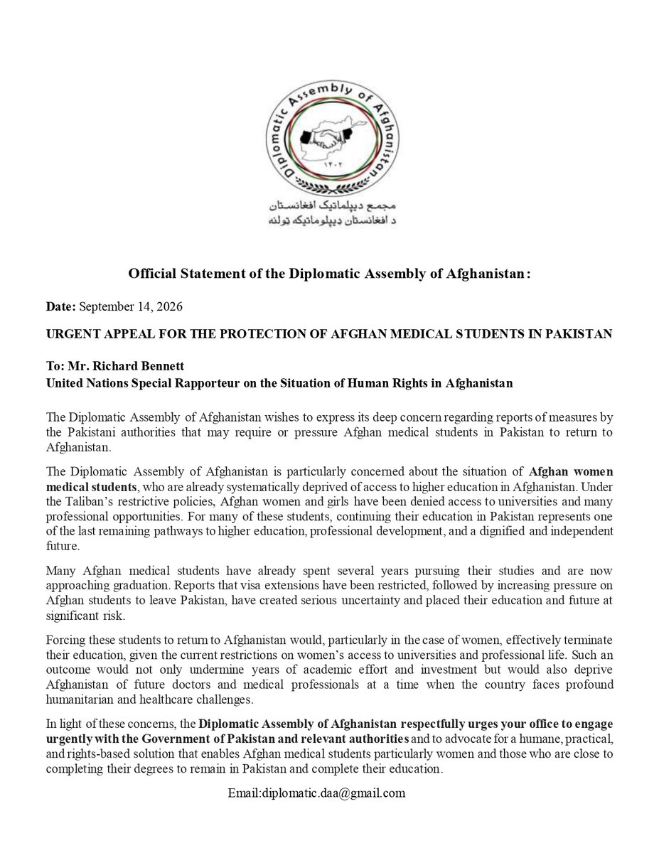 AssemblyDa30624's tweet photo. Official Statement of the Diplomatic Assembly of Afghanistan:

URGENT APPEAL FOR THE PROTECTION OF AFGHAN MEDICAL STUDENTS IN PAKISTAN

@RichardBennettUN 
#ProtectAfghanStudents #RightToEducation #SaveAfghanStudents #HumanRights #UNHRC #Afghanistan #Pakistan https://t.co/6L9eKL60md