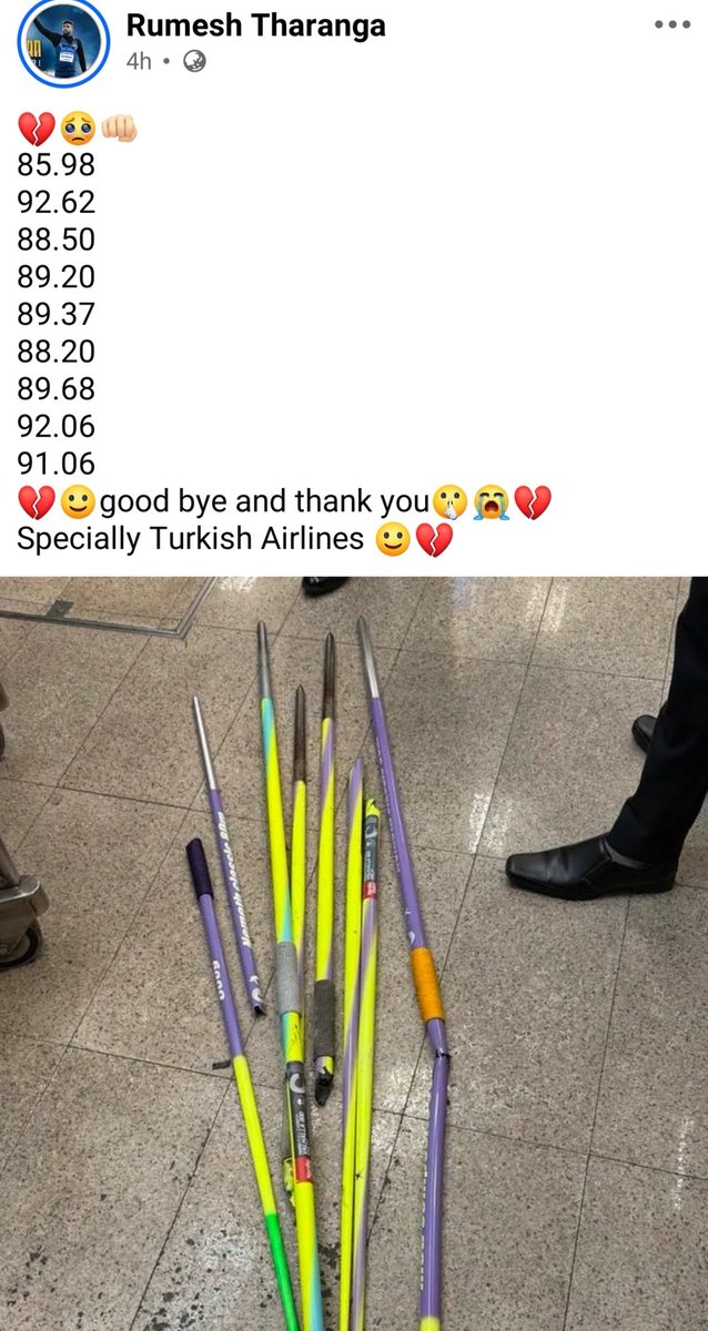 kanishkasa65651's tweet photo. @TurkishAirlines owes Rumesh Tharanga a prompt resolution for mishandling his javelins, as professional athletes rely on airlines to treat specialized sports equipment with extreme care! https://t.co/UvndK9Wm9T