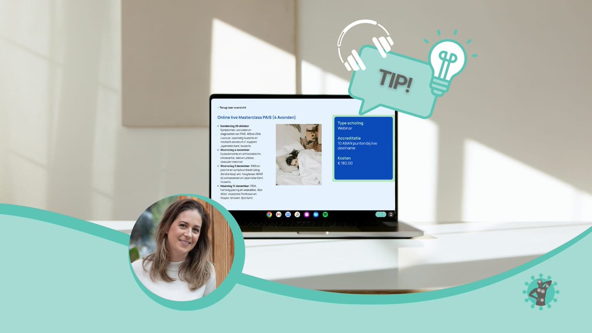 LongCovidNL's tweet photo. ⚕️Live Webinar voor zorgverleners 

Masterclass over PAIS

💻 Speciaal voor artsen, maar ook andere zorgverleners, die méér willen weten over PAIS organiseert Jojanneke Kant van De Vragendokter deze online masterclass van vier avonden.

Donderdag 29 oktober: Symptomen, oorzaken en diagnostiek van PAIS | Alfons Olde Loohuis, voormalig huisarts en medisch adviseur C-support. Jojanneke Kant, huisarts

Woensdag 4 november: Dysautonomie en orthostatische intolerantie | Melvin Lafeber, vasculair internist 

Woensdag 2 december: PAIS en psyche en symptoombestrijding | Sandra Kooij, em. hoogleraar ADHD bij volwassenen en Jojanneke Kant, huisarts
 
Maandag 14 december: PEM, hartslag pacing en wearables | Rob Wüst, Associate Professor en Kasper Janssen, sportarts

Tijdstip: 19.30-22.00 uur, online via Zoom 
Kosten: €60,- per avond, €180,- voor vier avonden
Accreditatie: De avonden op 29 oktober en 14 december zijn geaccrediteerd voor 2 punten, de avonden op 4 november en 2 december voor 3 punten per avond

Accreditatie alléén bij live deelname.

📝 Meld je hier aan: https://t.co/3oGsas7Tjh

Hoe meer kennis er is over PAIS, hoe beter. Dus zeg het voort en doe mee! 

#scholing #huisarts #verzekeringsarts #zorgverleners #PAIS #meldjeaan #devragendokter