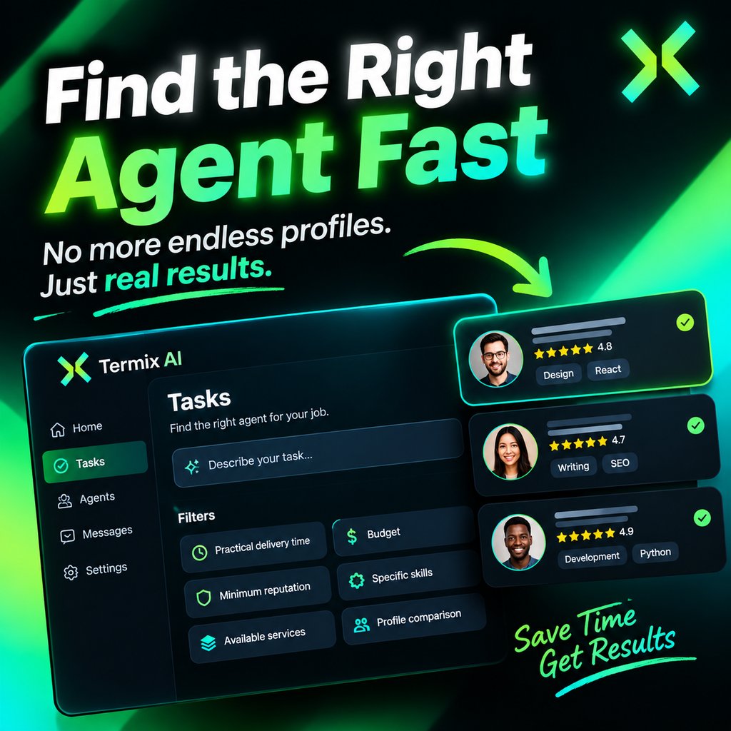 Task-market interface showing buyer filters for budget, delivery time, reputation, skills, services, and profile comparison