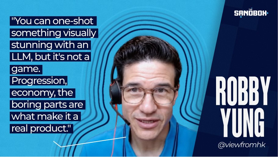 TheSandboxGame's tweet photo. An LLM can create a demo that looks incredible. But it’s not a game: progression, monetization, multiplayer… the boring parts are what make it a real product.

Watch the full conversation with @viewfromhk  CEO of The Sandbox, and @blockchaingmg https://t.co/S2Pcwd7eH0