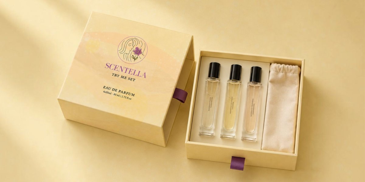 harish_kirnani's tweet photo. Minimal, soft, and sophisticated. 🌿 Brand identity &amp; packaging showcase for SCENTELLA Try Me Set.

#BrandingAgency #PackageDesign #GraphicDesignStudio #MockupDesign https://t.co/mQmod05xqJ
