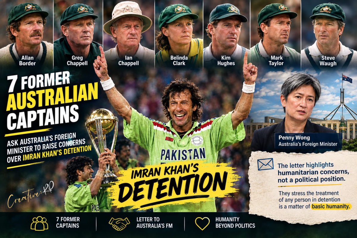 PTIofficial's tweet photo. Seven former Australia cricket captains have now approached Australia's minister for foreign affairs, Penny Wong, to raise humanitarian concerns over Imran Khan's detention in Pakistan.

#ReleaseImranKhan https://t.co/sNpjuteFYm