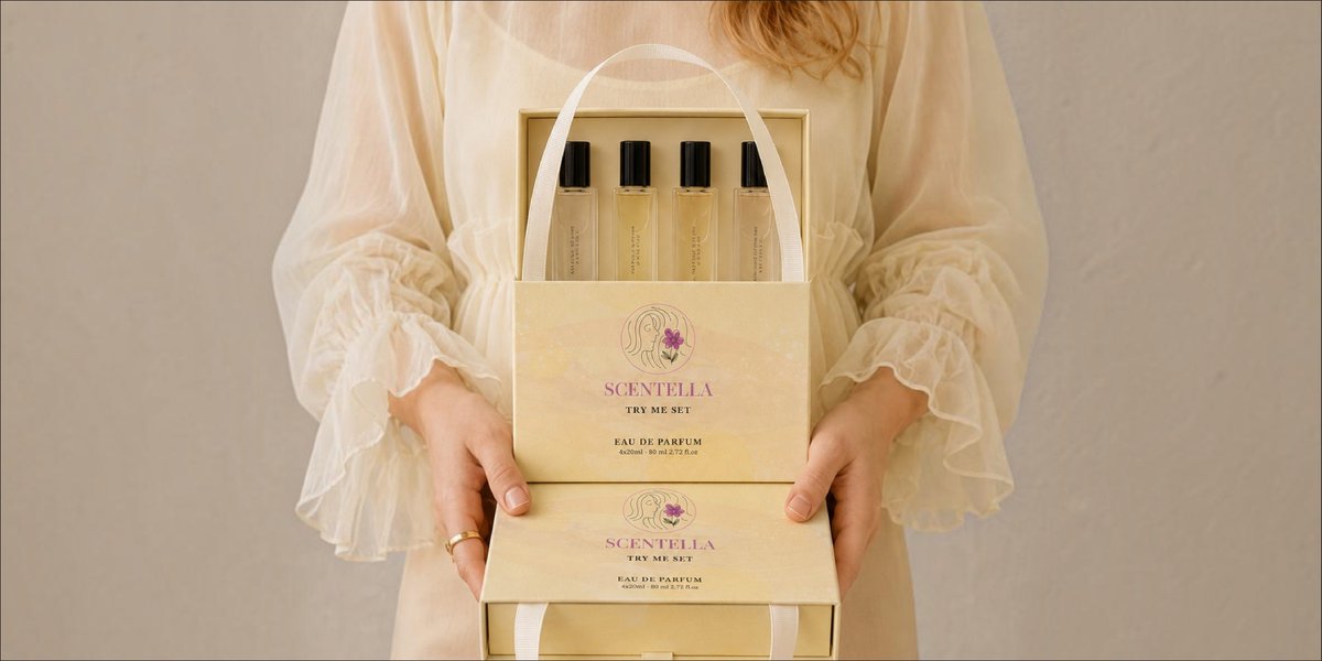 harish_kirnani's tweet photo. Minimal, soft, and sophisticated. 🌿 Brand identity &amp; packaging showcase for SCENTELLA Try Me Set.

#BrandingAgency #PackageDesign #GraphicDesignStudio #MockupDesign https://t.co/mQmod05xqJ