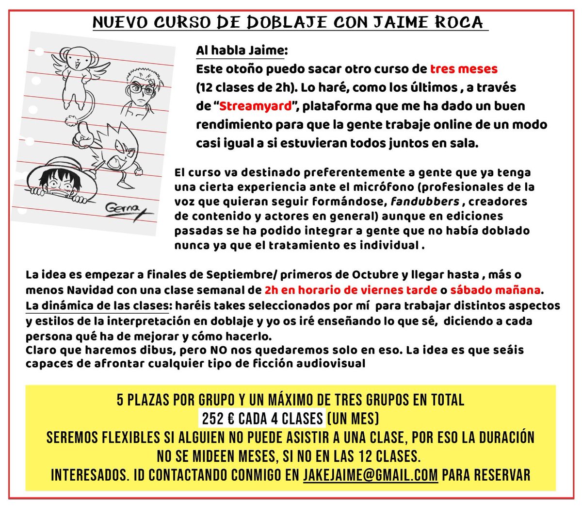 PieceCastellano's tweet photo. 🚨 CURSO DE DOBLAJE 🚨

Jaime Roca prepara un nuevo curso de doblaje para finales de Septiembre/principios de Octubre.

En esta nota tenéis todos los datos
#doblaje #cursodoblaje https://t.co/zUMnUZD2XN
