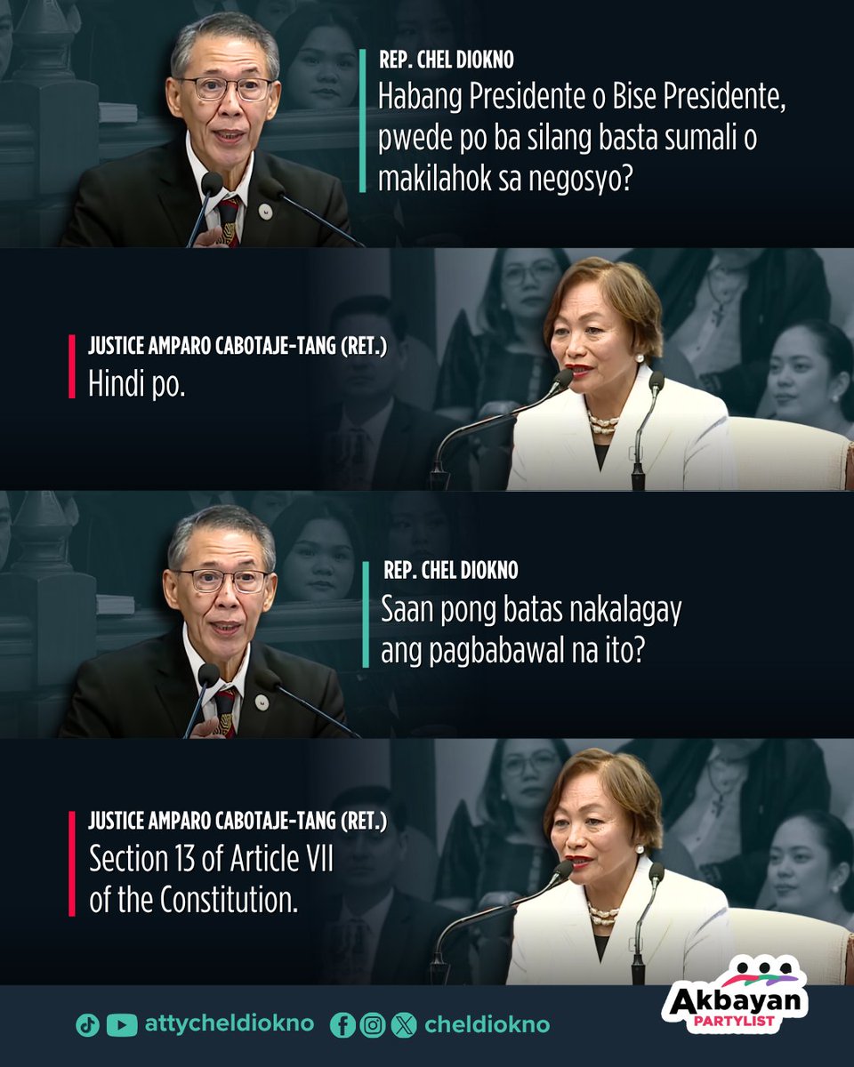 ChelDiokno's tweet photo. Klaro naman pala ang batas.

Sa impeachment trial kahapon, ipinaliwanag ni Justice Amparo Cabotaje-Tang ang Section 13 ng Article VII ng Konstitusyon.

Dito nakasaad: Bawal magnegosyo ang Presidente at Bise Presidente habang nasa puwesto. Kahit sa iba nakapangalan ang negosyo, kung siya talaga ang nakikinabang, bawal pa rin.

Simple ang prinsipyo: Hindi puwedeng pagsabayin ang pinakamataas na kapangyarihan sa gobyerno at pansariling interes sa negosyo.

Pero bakit parang ayaw nila itong malaman mo?