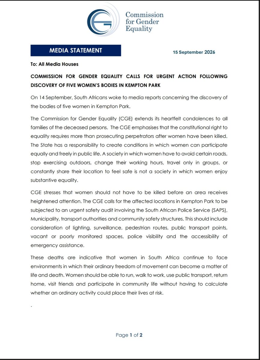 CGE_ZA's tweet photo. MEDIA STATEMENT| A society in which women have to alter their daily life activities is not a society in which women enjoy substantive equality. https://t.co/J18E01p2FV