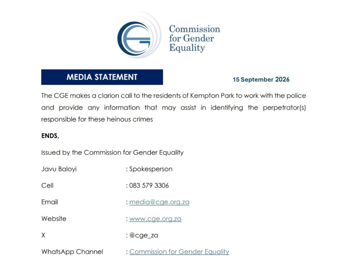 CGE_ZA's tweet photo. MEDIA STATEMENT| A society in which women have to alter their daily life activities is not a society in which women enjoy substantive equality. https://t.co/J18E01p2FV