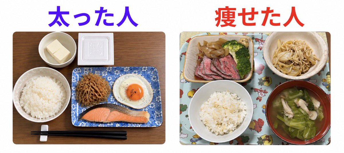 gashogenryou's tweet photo. 実は、左は太った人の食事で、
右は50代で7キロ痩せた人の食事です。
無自覚に左のような太る食事してる人多すぎるので、原因と最速で5キロ痩せる方法を解説します↓ https://t.co/RbpK53DNBB
