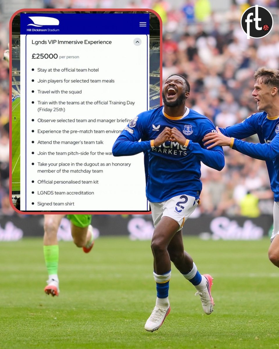 Footballtweet's tweet photo. £25,000… PER PERSON. 😳💰

Everton have launched a new “VIP Immersive Experience” at Hill Dickinson Stadium — and this is way beyond your standard football hospitality.

For £25K, you basically become part of Everton’s first-team setup for the weekend:

🏨 Stay at the official team hotel
🍽️ Eat alongside the players
🚌 Travel with the squad
⚽ Train with the team on Friday
📋 Attend manager briefings and the team talk
🔥 Watch the warm-up from pitch-side
🪑 Sit in the DUGOUT as an honorary member of the matchday team
👕 Receive your own personalised official kit

Forget a padded seat and a three-course meal… this is £25,000 to live like a member of the Everton staff for 48 hours. 🤯

If money was no object, would you actually pay for this experience — or has football officially lost the plot? 😂🤔