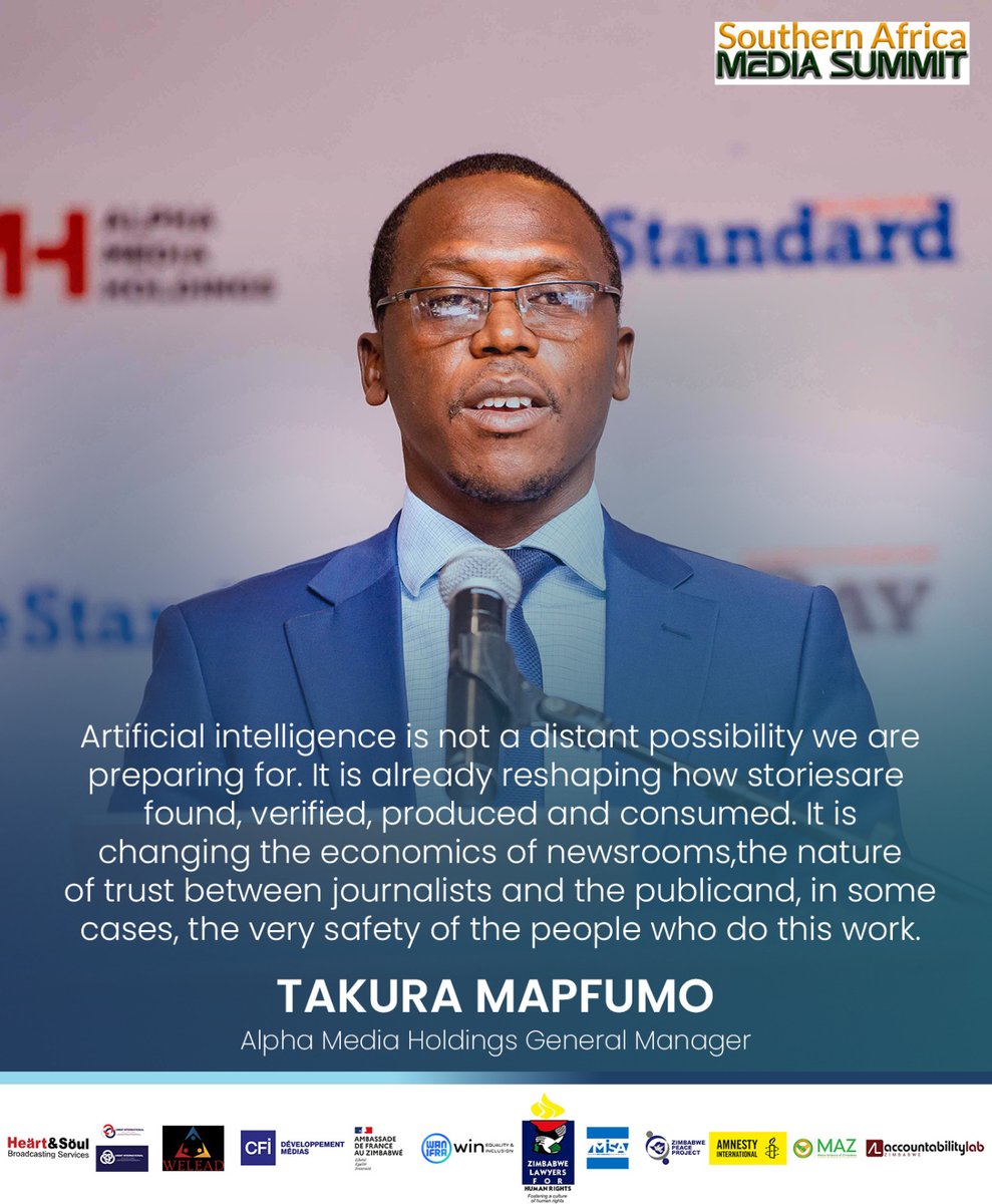 HStvNews's tweet photo. "AI is no longer the future—it's actively redefining newsroom economics, journalism safety, and public trust today." — Takura Mapfumo, GM at Alpha Media Holdings.

 #SAMS2026 | #SouthernAfricaMediaSummit https://t.co/R4pn2x4Rur