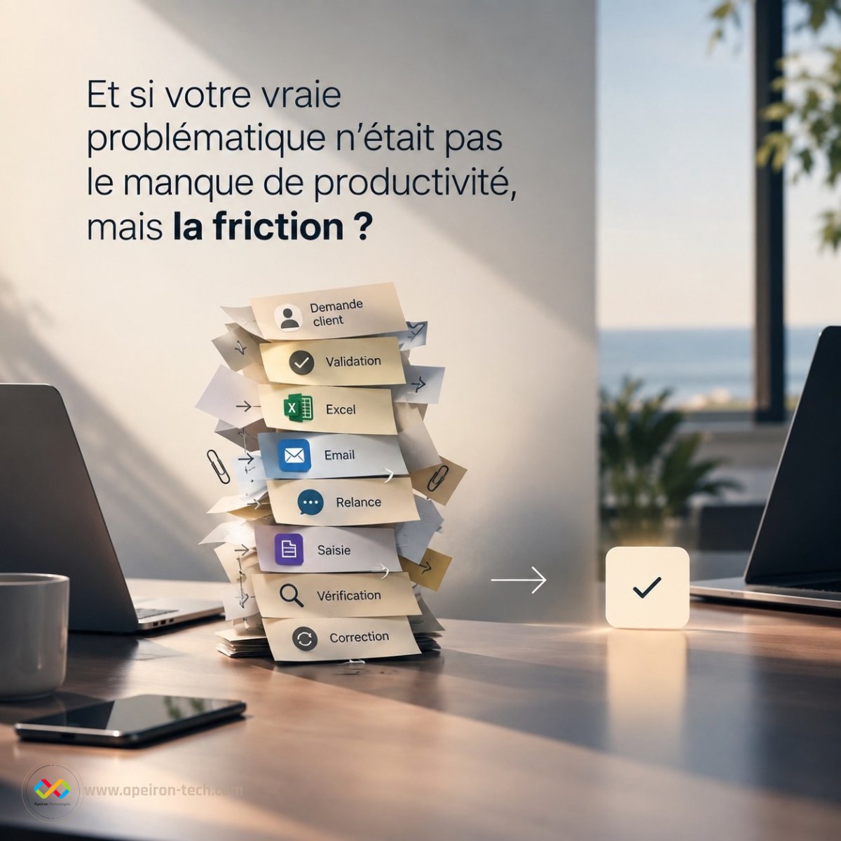 apeirontech's tweet photo. Votre équipe n'a pas un problème de productivité.
Elle a un problème de friction

Demande → validation → Excel → email → relance → saisie → correction
7 étapes pour 1 tâche
La vraie question n'est pas "comment être plus productif ?"
C'est "qu'est-ce qu'on peut supprimer ?" https://t.co/N7VGGk8grL