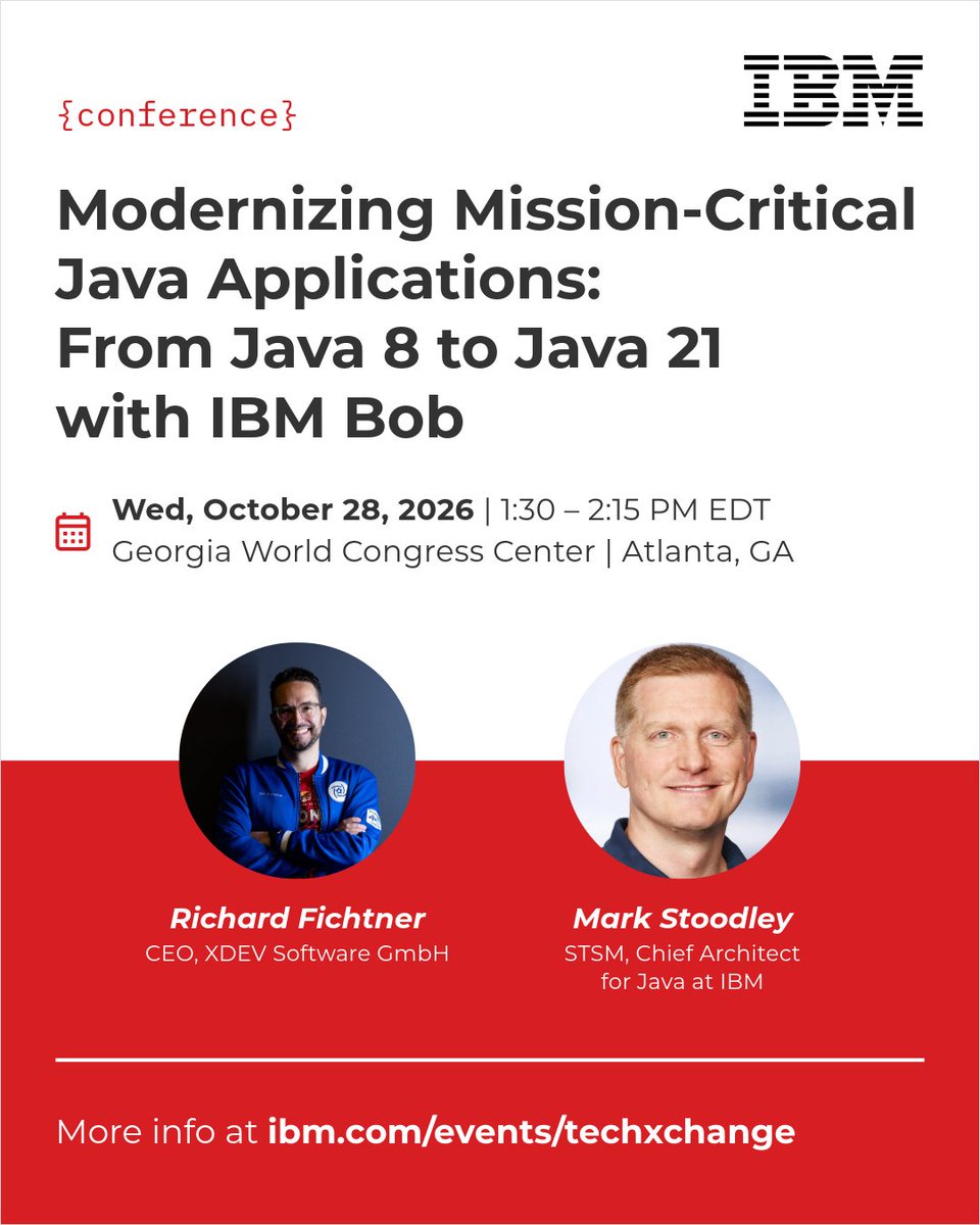 XDEVSoftware's tweet photo. Plenty of business-critical applications still run on Java 8. @RichardFichtner &amp; Mark Stoodley @mstoodle, IBM's Chief Architect for Java, walk the path to Java 21 with IBM Bob and IBM Semeru Runtimes.
Java 8 is still everywhere. That's why this session exists.

🇺🇸 #IBMTechXchange https://t.co/THdVJcPFQr