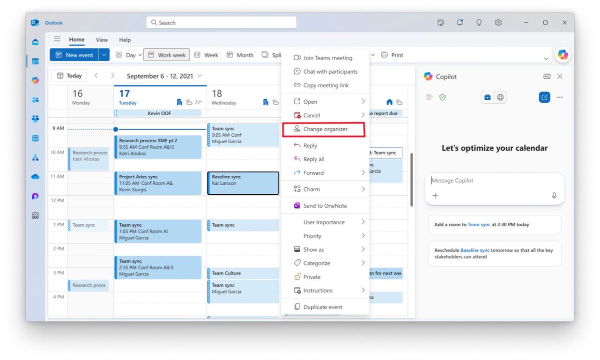 DanielatOCN's tweet photo. This is such a small but welcome change! The ability to change the organiser of an existing meeting in Outlook! https://t.co/1Eu7r9opXe

Microsoft have just announced that you will soon be able to change the organiser of existing meetings in Microsoft Outlook. Starting with non-online meetings this month, then leading onto online Teams meetings. 

I can't tell you how often I am the attendee of a meeting which changes ownership, and the frustration people silently have trying to clean up their own calendar!

#News #Microsoft #Outlook