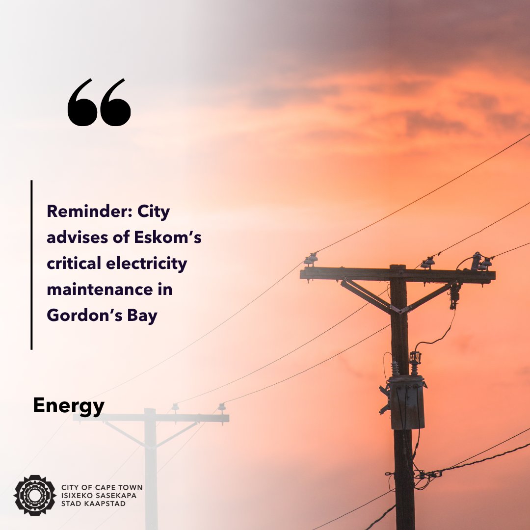 CityofCT's tweet photo. Gordon’s Bay residents are reminded of a planned electricity interruption on Monday, 21 September, from 06:30 to 18:30 due to essential Eskom infrastructure maintenance. All residential areas in Gordon’s Bay will be affected.

See: https://t.co/d5ymCcRa24 https://t.co/yAlnfeVDJH