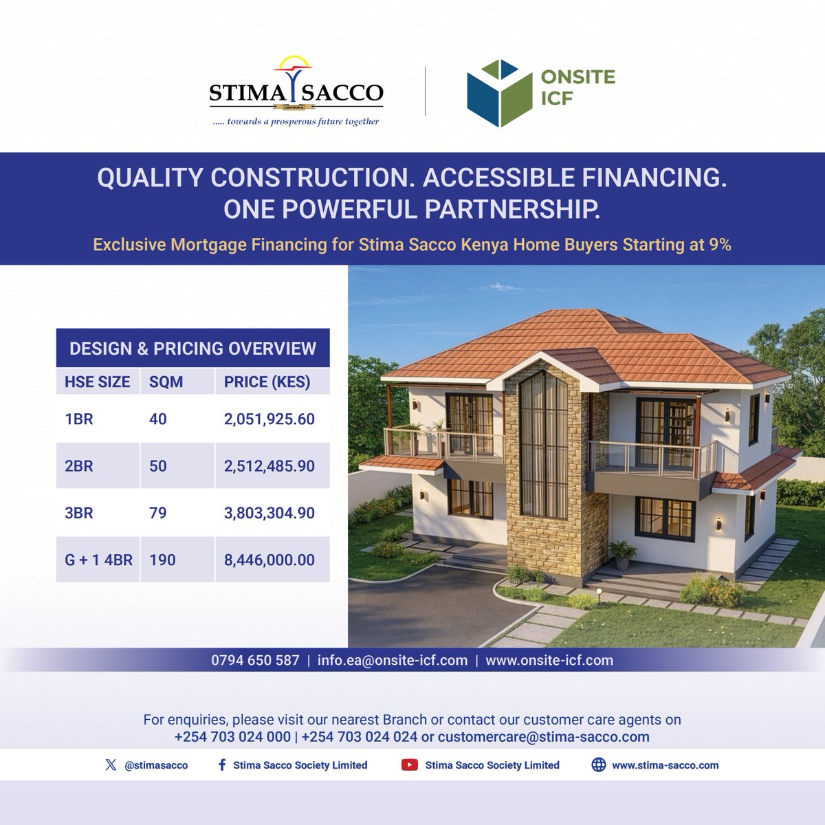 stimasacco's tweet photo. Big news for Stima Sacco Members!

Owning your dream home just got easier. Stima Sacco has partnered with Onsite ICF, home builders using Insulated Concrete Form (ICF) technology, to bring you a smarter way to build.

•Affordable — Access mortgage financing from as low as 9% interest, with funds disbursed directly toward your construction.

 • Sustainable — Built with modern ICF technology that's energy-efficient, durable, and better for the environment than traditional brick.

• Convenient — A true turnkey experience: approved designs, fixed budgets, clear timelines, and an MOU-governed process from financing to move-in day.

No guesswork. No cost overruns. No delivery uncertainty. Just a de-risked path from Sacco membership to homeownership.

Your home. Built right. Financed smart.

#SaccoYanguMaishaYangu