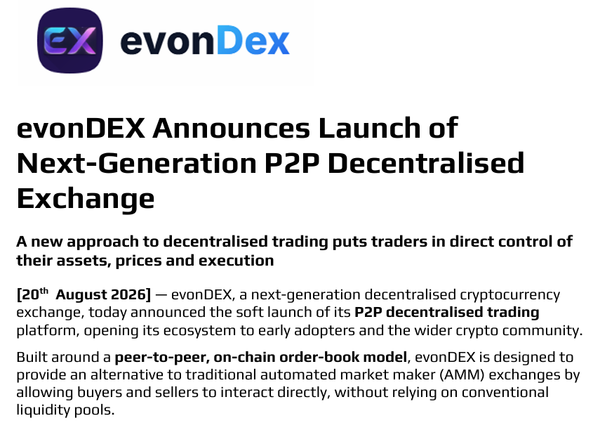 evondexofficial's tweet photo. https://t.co/5NfKSsZeNc
evonDEX soft launch is live. P2P on-chain order-book DEX — no AMM pools, no impermanent loss, non-custodial, AI token safety scans, reduced MEV exposure. Limit &amp; market orders now available. Multi-chain roadmap ahead.

$evonDEX #DeFi #BSC https://t.co/45e1N2ekCu