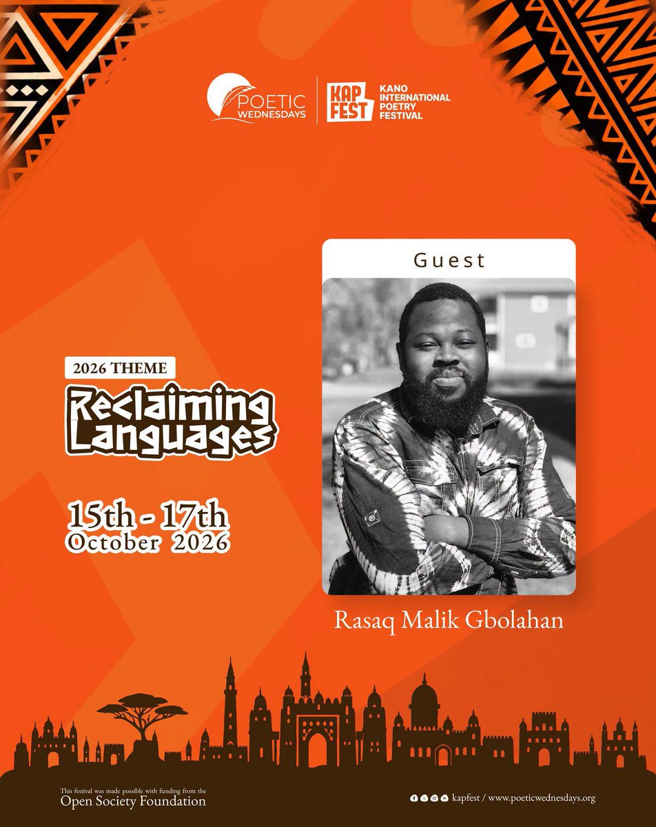 Kanopoetryfest's tweet photo. We’re happy to announce RMG @rasaq_malik, poet and performer, as a guest at #KAPFEST26!
We’re especially excited to get into his new book, The Origin of Wounds, at this year’s festival.

You already know it, KAPFEST is the home of poetry, and this year, we’re prepared to give you an experience like no other.

15–17 October 2026