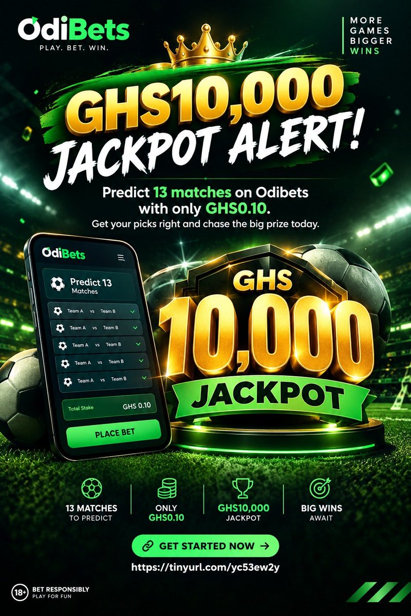 Odibets0fficial's tweet photo. # 💰 GHS10,000 JACKPOT ALERT! 🏆

Think you've got what it takes to predict all **13 matches**?

For just **GHS0.10**, you could be chasing a **GHS10,000 Jackpot** on Odibets! ⚽🔥

Don't miss your shot at the jackpot.

👉 Play Now: https://t.co/z19ZCk5b28

 #PlayWithOdibets https://t.co/jKdvXQcOb7