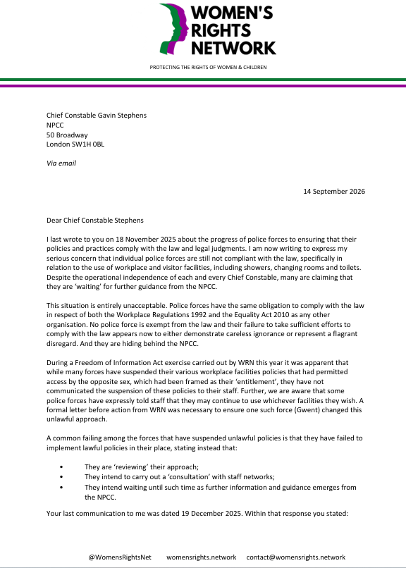 WomensRightsNet's tweet photo. Police forces should follow the law, not break the law. Yet they can’t be trusted to do so.
WRN have written to Chief Constable Gavin Stephens, the Chair of the National Police Chiefs Council @PoliceChiefs. 
We have copied in the Policing Minister Sarah Jones @LabourSJ.
There must be no more delays, no more excuses.
Action is required now.
1/