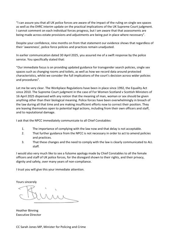 WomensRightsNet's tweet photo. Police forces should follow the law, not break the law. Yet they can’t be trusted to do so.
WRN have written to Chief Constable Gavin Stephens, the Chair of the National Police Chiefs Council @PoliceChiefs. 
We have copied in the Policing Minister Sarah Jones @LabourSJ.
There must be no more delays, no more excuses.
Action is required now.
1/