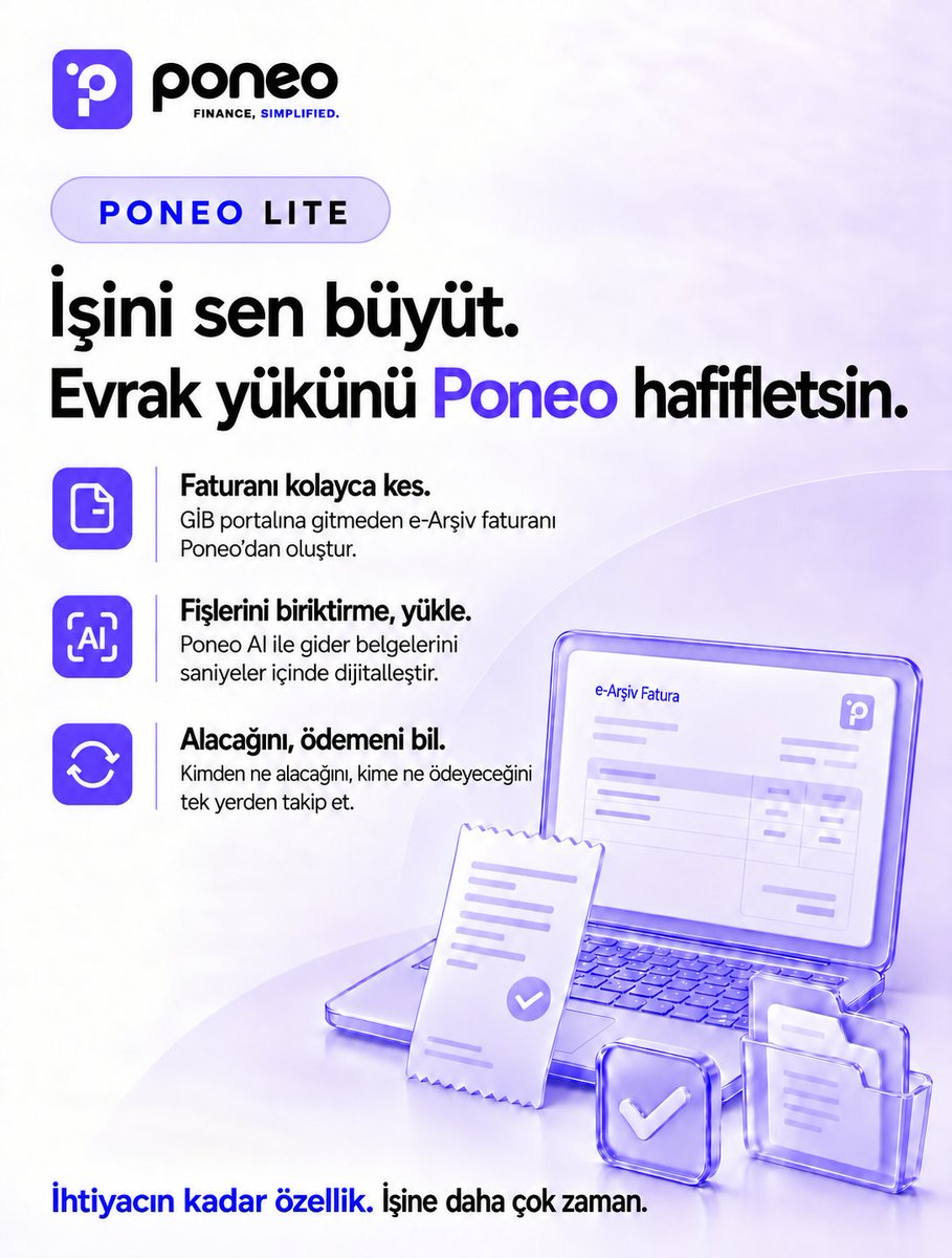 poneoco's tweet photo. Poneo Lite yayında.
Artık herkes için Poneo var.

e-Arşiv faturanı kolayca oluştur, fişlerini Poneo AI ile saniyeler içinde dijitalleştir, alacak ve ödemelerini tek yerden takip et.

Poneo.
Finance. Simplified.

#PoneoLite
#Poneo
#ÖnMuhasebe
#eArşiv
#Yapayzeka
#DijitalDönüşüm https://t.co/Wjr7ZvGyu1