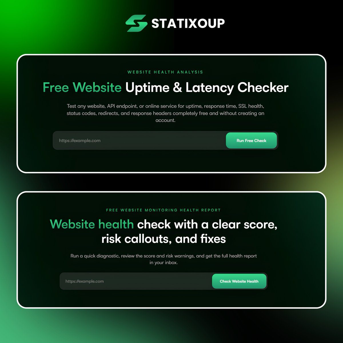 statixoup's tweet photo. We’ve added 2 useful free tools to #Statixoup.

1. Website #Health Checker
2. Website #Uptime Checker

Just enter your website URL and check it for free.
Link : https://t.co/loiTi4TUsi

#WebsiteMonitoring #WebsiteHealth #UptimeMonitoring #WebPerformance #WebsiteSecurity https://t.co/OP5d9SzHqt