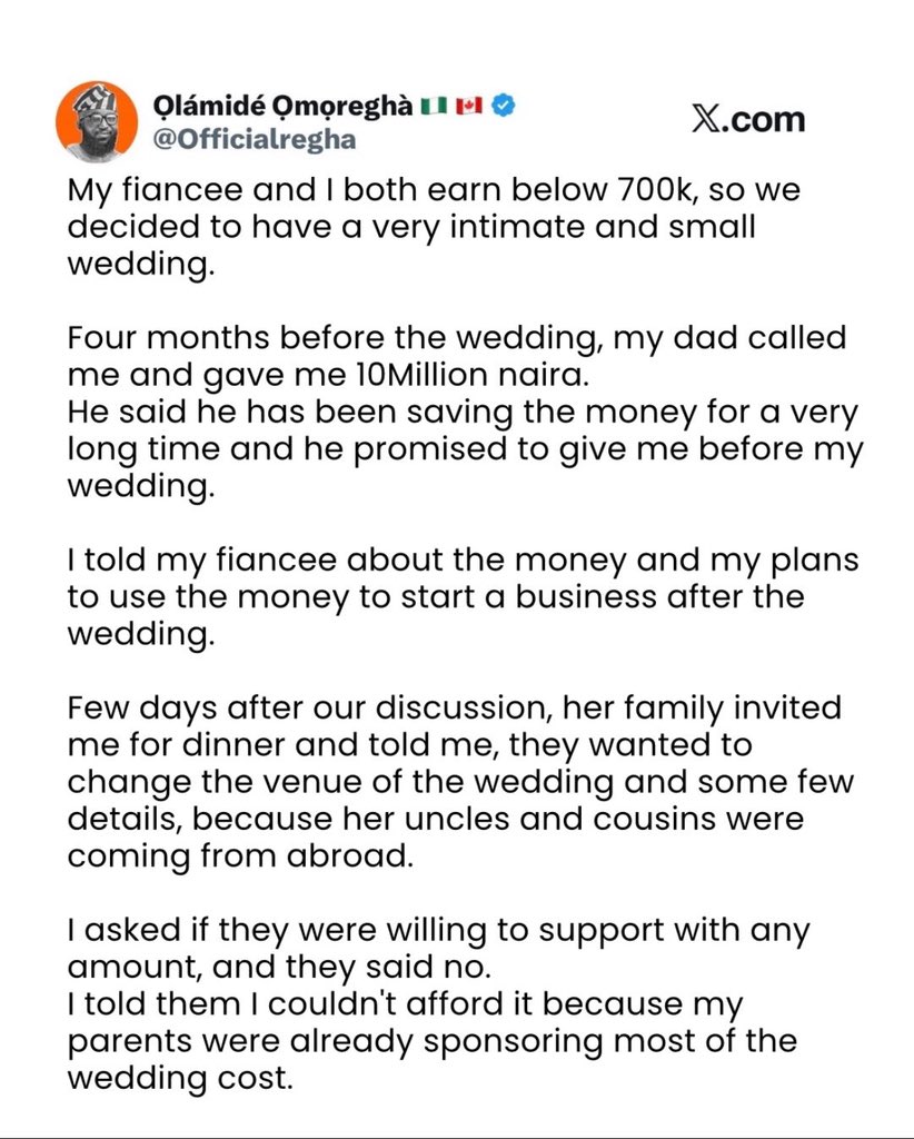 iyekefejiymg's tweet photo. ₦10 MILLION DIDN’T BREAK THIS ENGAGEMENT. DISRESPECT DID.

A Nigerian man earning less than ₦700k/month was planning a small, intimate wedding with his fiancée.

Four months before the wedding, his father gave him ₦10m he had been saving for years.

His plan? Get married simply, then use the money to build a business.

Then everything changed.