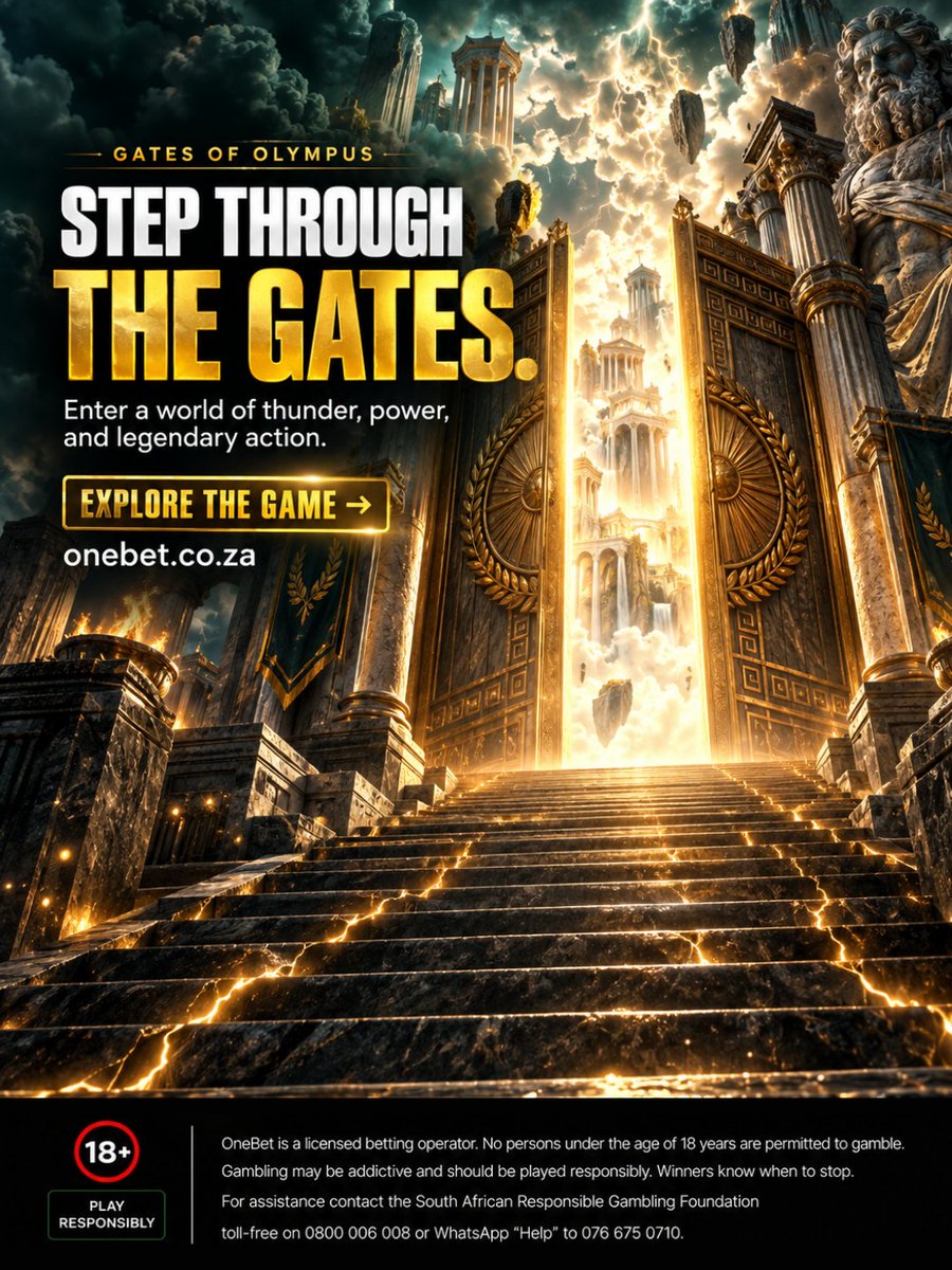 OneBet_SA's tweet photo. ⚡ STEP THROUGH THE GATES.

Enter a world of thunder, power, and legendary action with Gates of Olympus on OneBet South Africa. ⚡🏛️

The gates are open. Are you ready to see what’s waiting on the other side?

👉 Explore Gates of Olympus at https://t.co/bWa3RIYMGD

#OneBetSA #OneBet #GatesOfOlympus #GatesOfOlympusGame #OnlineGamingSA 

OneBet is a licensed betting operator. No persons under the age of 18 years are permitted to gamble. Gambling may be addictive and should be played responsibly. Winners know when to stop. For assistance, contact the South African Responsible Gambling Foundation toll-free on 0800 006 008 or WhatsApp “Help” to 076 675 0710.

Entertainment only • Play responsibly • 18+ • Licensed by the WCGRB.