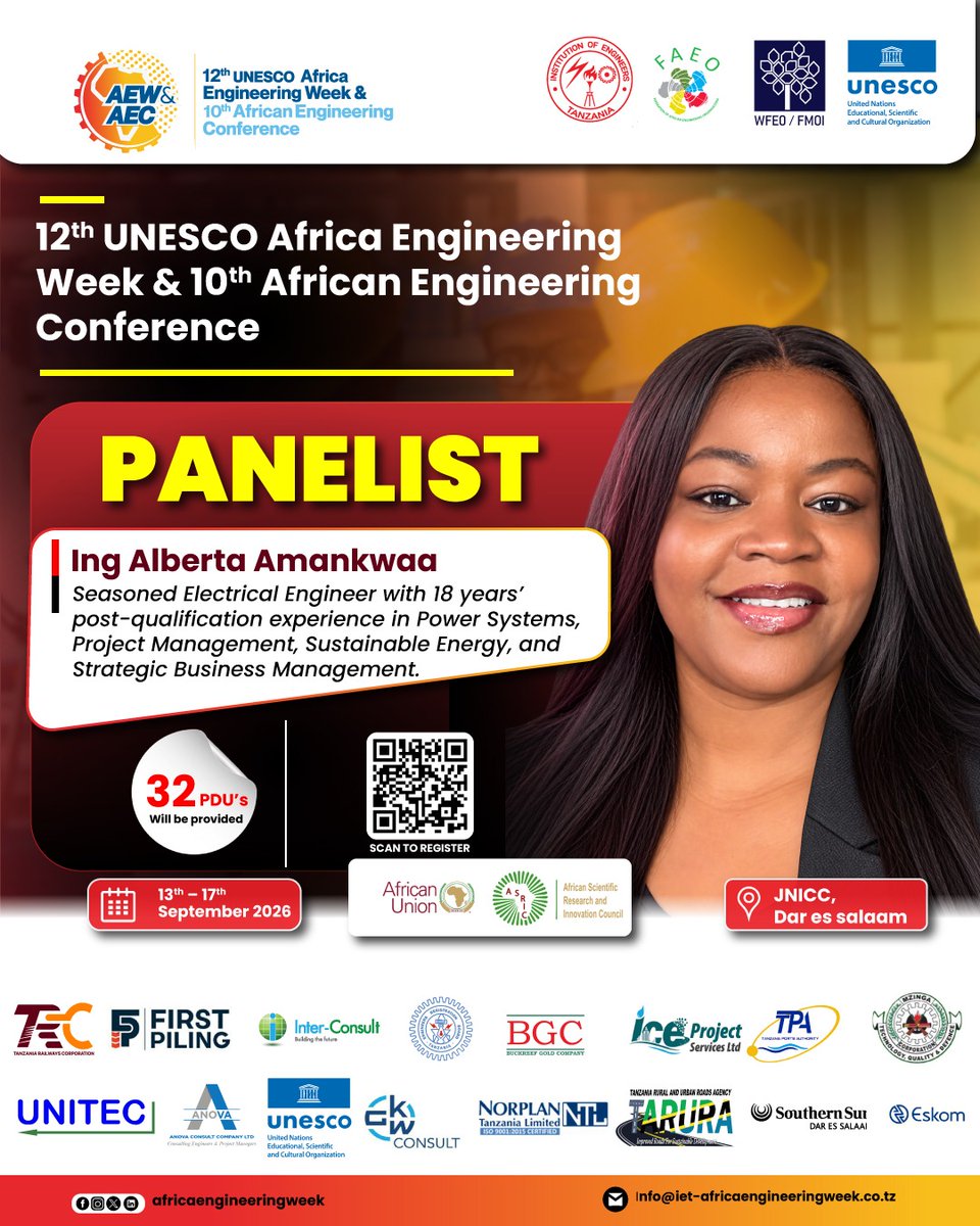 Official_GhIE's tweet photo. GhIE member Ing Alberta Amankwa is a panellist at the ongoing Africa Engineering Week & Conference in Dar es Salaam, bringing experience in power systems, sustainable energy and project management to the conversation.
#GhIE #AfricanEngineering #AEW2026 https://t.co/uTSfrWpmWh