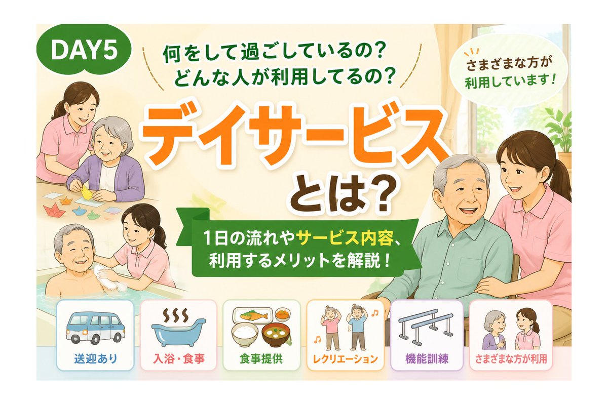 hiiim252525's tweet photo. 「デイサービスって、実際は何をするところ？」

食事や入浴だけでなく、体を動かしたり、人と交流したり。
初めて利用を考えるご家族にもわかりやすく、1日の流れや利用するメリットをまとめました。
詳しくはこちら
【https://t.co/N9plZCcFvM】

#介護 #デイサービス #家族介護 https://t.co/qbixOgacrJ