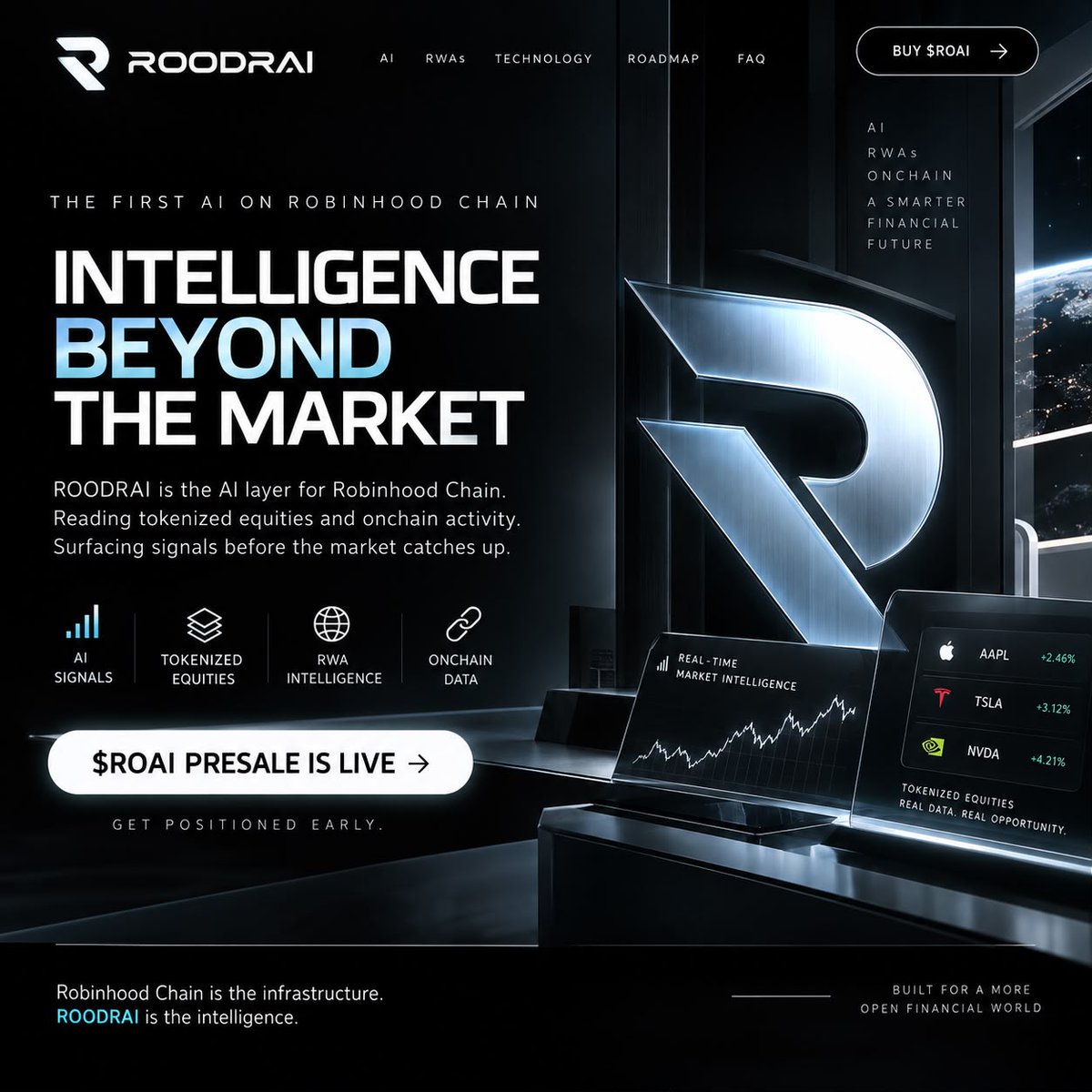 R0AI_Official's tweet photo. 🚨 ROBINHOOD CHAIN IS GETTING SMARTER.

ROODRAI is building the AI intelligence layer for tokenized equities, RWAs & onchain activity.

$ROAI Presale is LIVE. ⚡

Get positioned early → https://t.co/Qmnvz10lzm

Robinhood Chain is the infrastructure.
ROODRAI is the intelligence.

#ROODRAI #ROAI #RobinhoodChain #RWA #AI