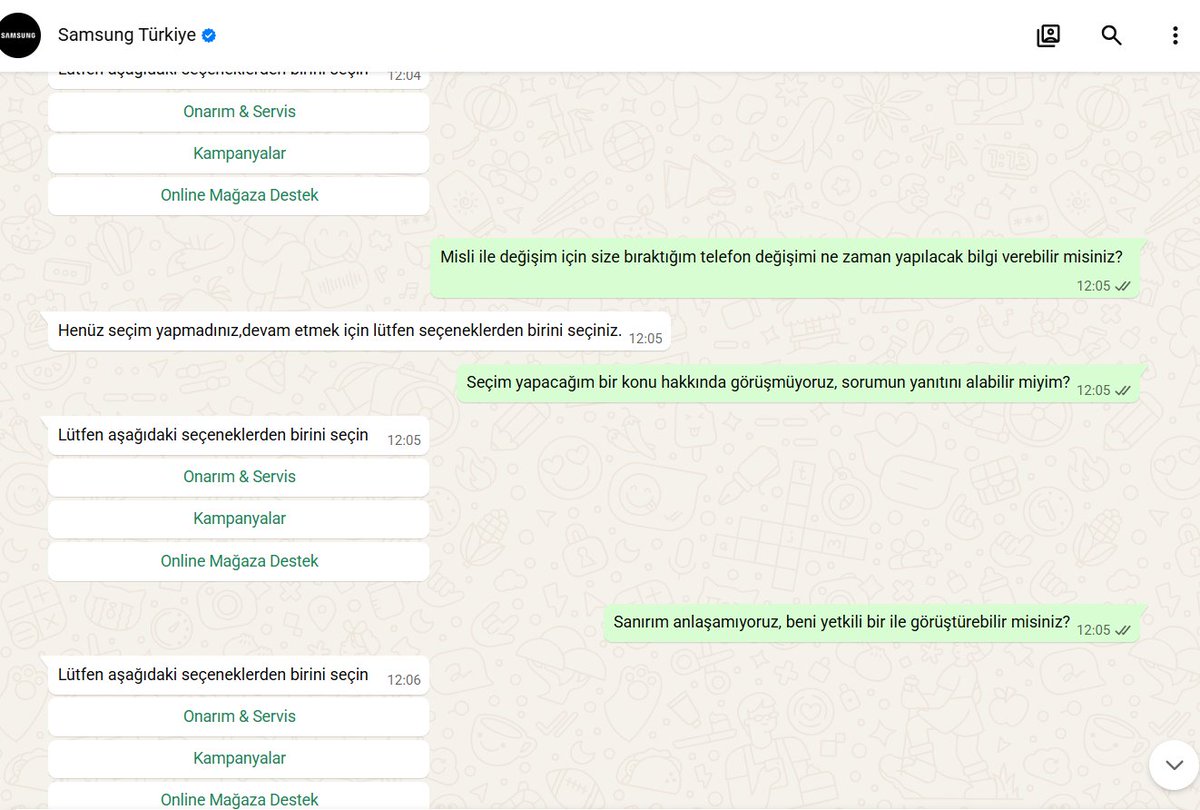 abodmey's tweet photo. @SamsungTurkiye ile diyalog nasıl gerçekleşir, konunuz size sunduğu seçenelerle hiç ilgili olmayabilir ama Samsung'a ne müşteri hizmetlerinde ne de whatsapp hattı üzerinde ulaşabilirsiniz. Sadece AI ile konuşur gibi tek problem AI hep aynı cevabı veriyor... Ne yazık... https://t.co/sxmg5M2LWP