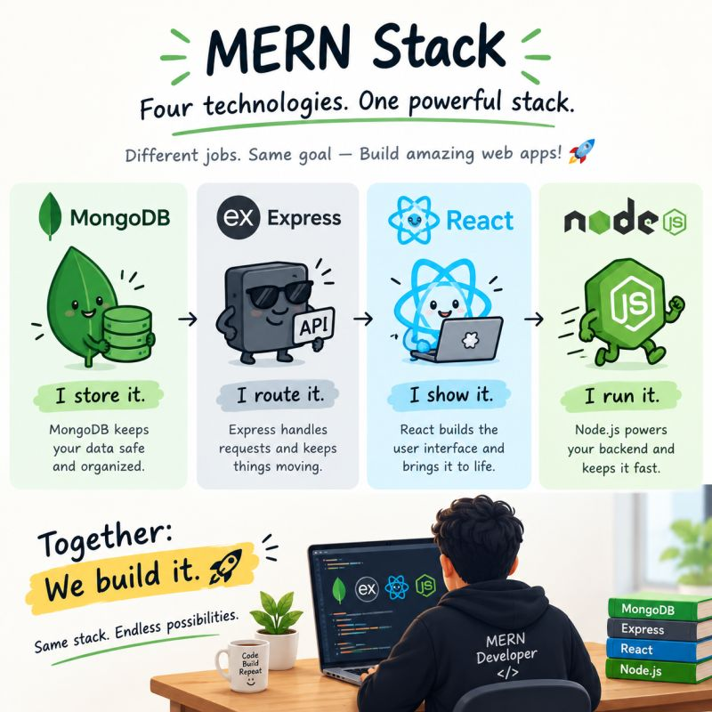 coderaw_'s tweet photo. MERN Stack — Four technologies, one powerful stack.

MongoDB → I store it.
Express.js → I route it.
React → I show it.
Node.js → I run it.

Together, they help turn ideas into real-world web applications. https://t.co/HKpHIVBb9y