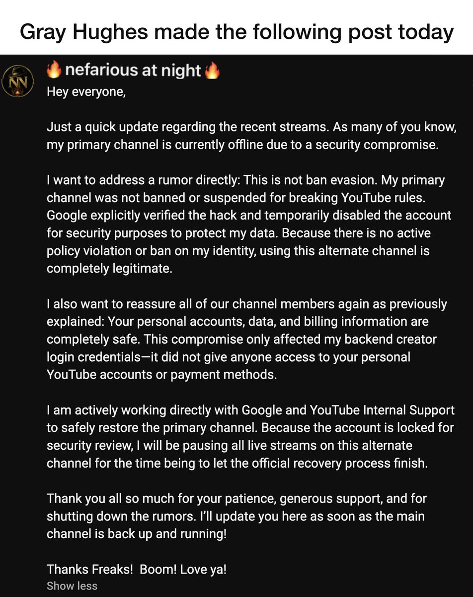 YTBadActors's tweet photo. ⚠️ Cautionary advice for anyone regarding the attached post made by Gray Hughes #grayhughesinvestigates #BeSafeOutThere https://t.co/KiFpfBeUKp