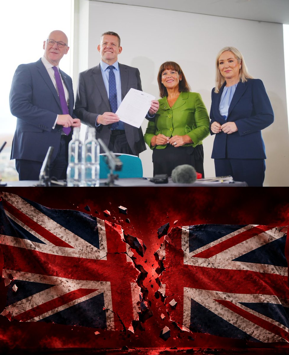BullTheoryio's tweet photo. BREAKING: 🇬🇧 Scotland, Wales, and Northern Ireland just signed a joint declaration to break away from the UK.

This is the first time all three nations have been led by pro independence parties at the same time.

UK PM Andy Burnham has already rejected it, calling both a Scottish and Northern Ireland vote "off limits." 

Scotland already tried this in 2014 and narrowly voted to stay.

This time, all three are pushing together, and if any one of them succeeds, it could mean the actual breakup of the United Kingdom.
